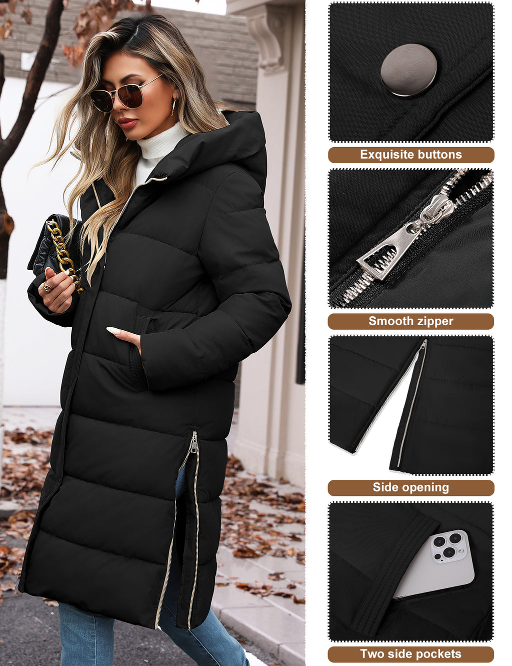 LVWQ Women's Long Puffer Coat Hooded Winter Jacket Thick Quilted Warm Parka with Side Zippers and Pockets