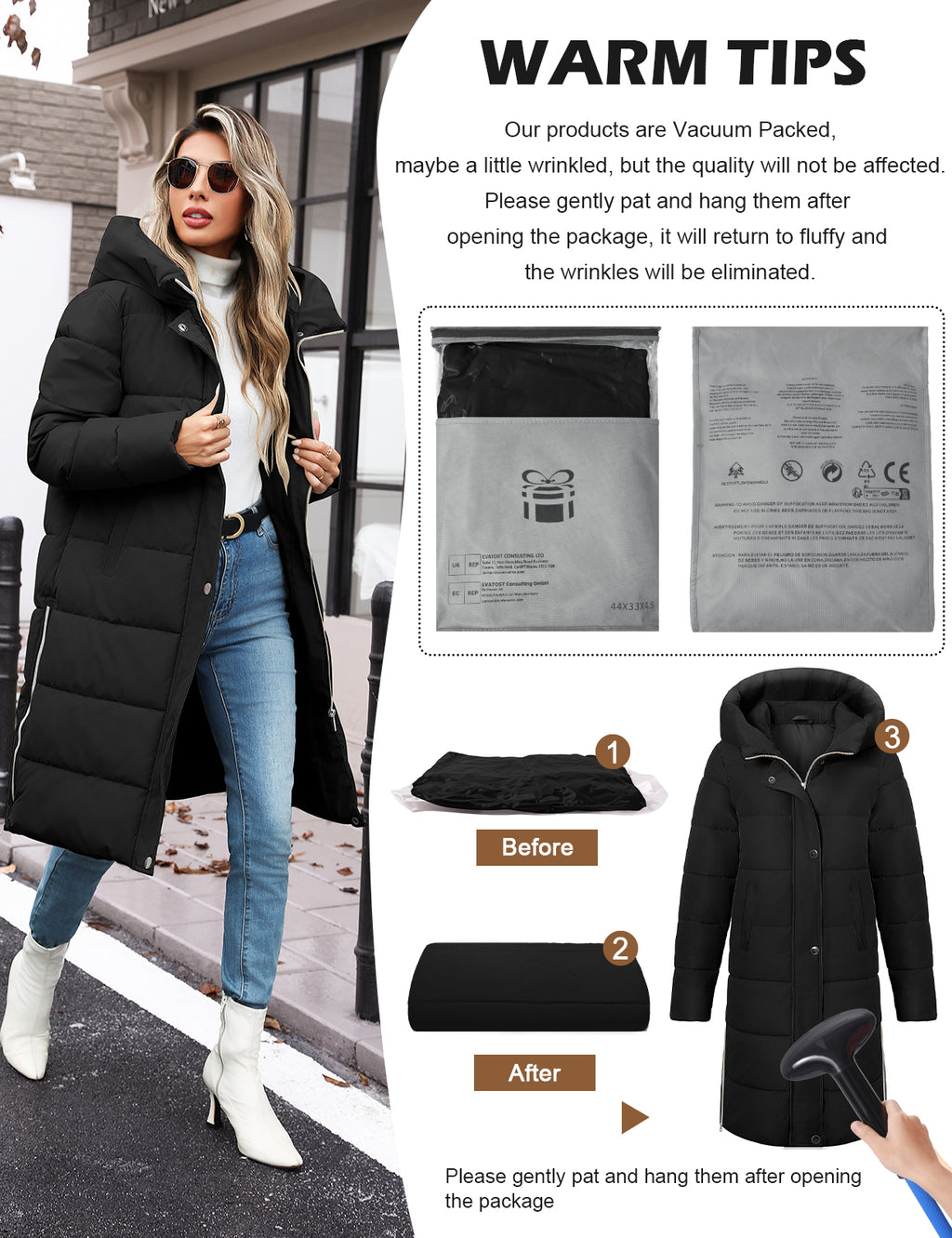LVWQ Women's Long Puffer Coat Hooded Winter Jacket Thick Quilted Warm Parka with Side Zippers and Pockets