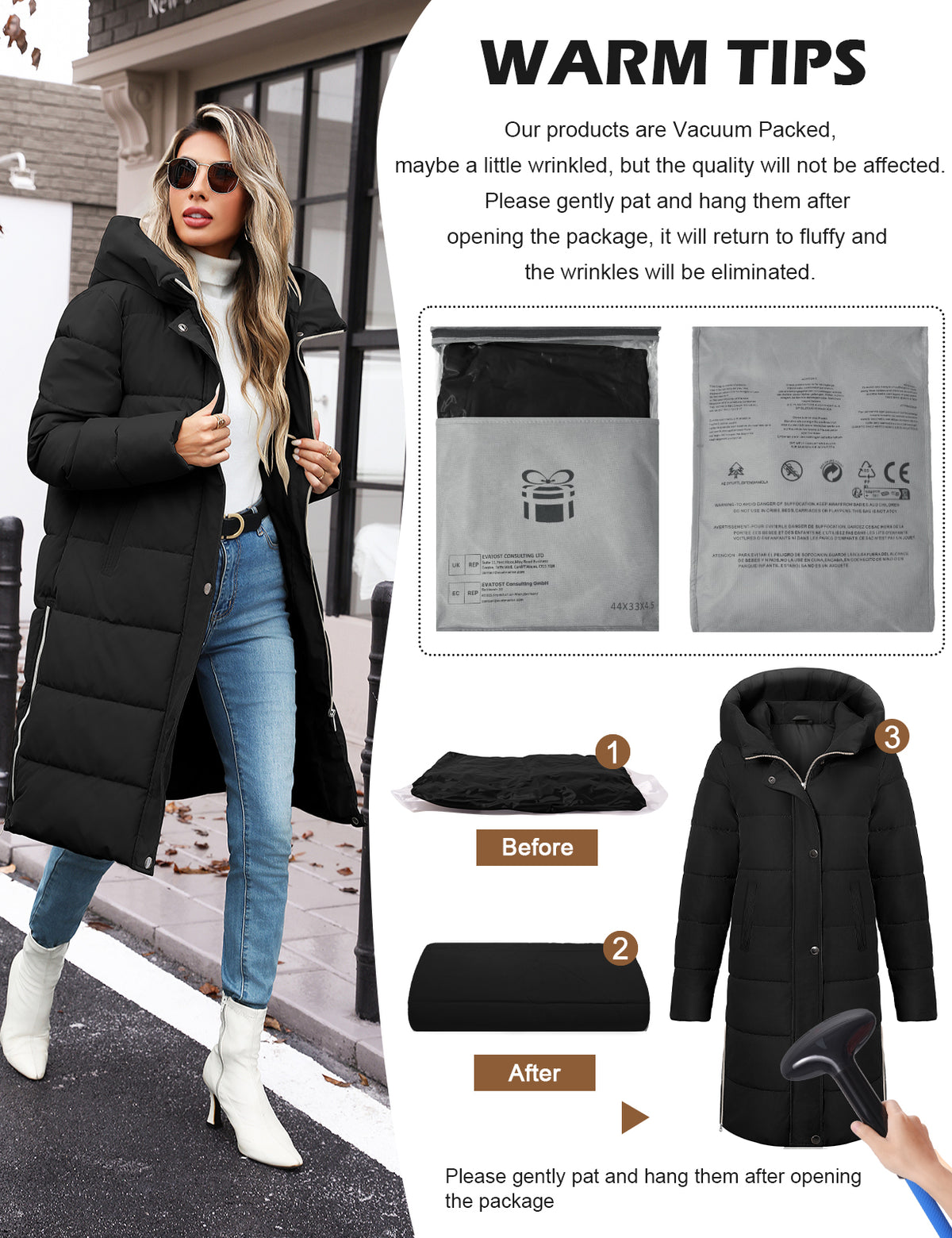 LVWQ Women's Long Puffer Coat Hooded Winter Jacket Thick Quilted Warm Parka with Side Zippers and Pockets