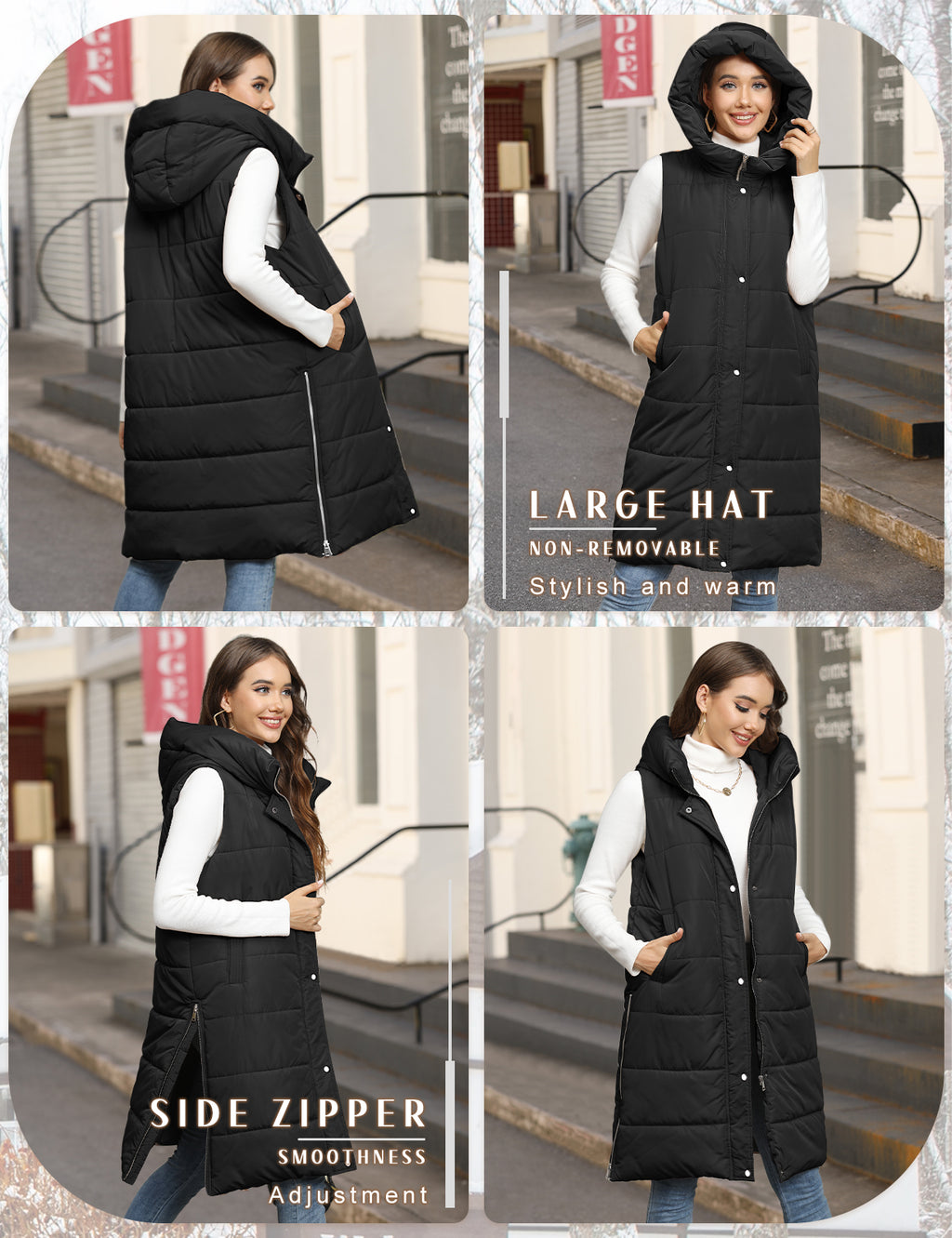 LVWQ Women's Long Puffer Vest Hooded Winter Coat Full Zip Quilted Sleeveless Jacket with Pockets, Stand Collar Warm Padded Outerwear