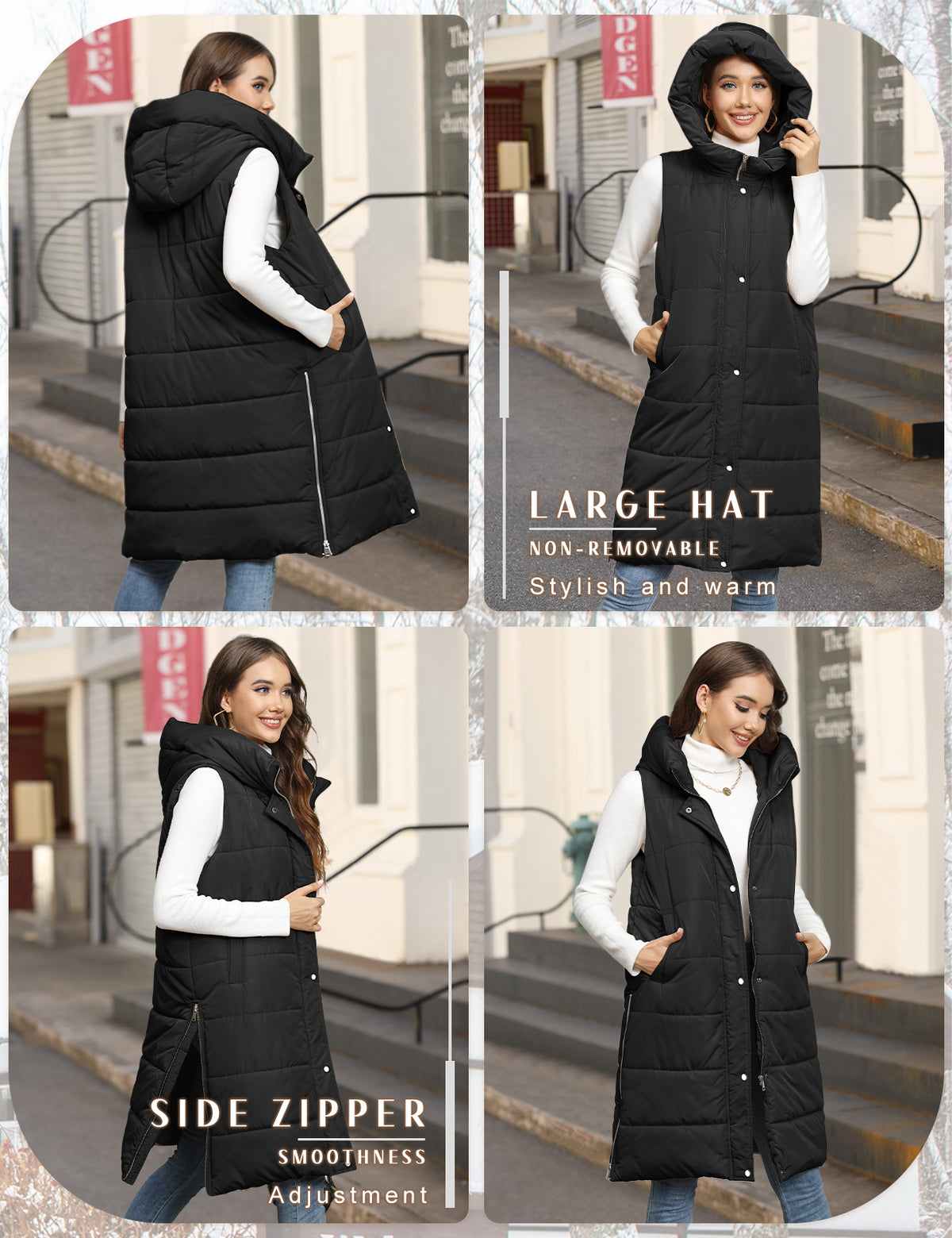 LVWQ Women's Long Puffer Vest Hooded Winter Coat Full Zip Quilted Sleeveless Jacket with Pockets, Stand Collar Warm Padded Outerwear
