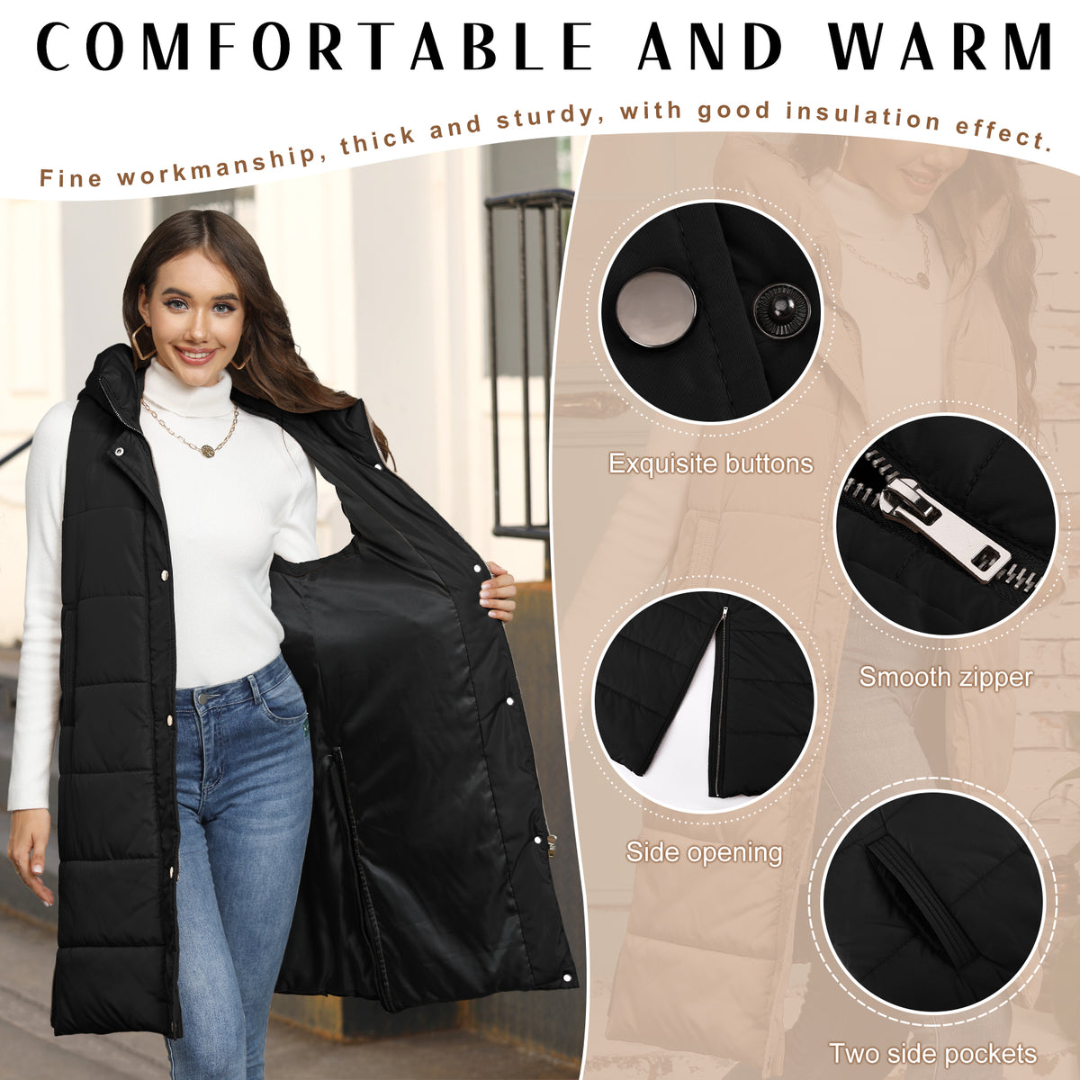 LVWQ Women's Long Puffer Vest Hooded Winter Coat Full Zip Quilted Sleeveless Jacket with Pockets, Stand Collar Warm Padded Outerwear