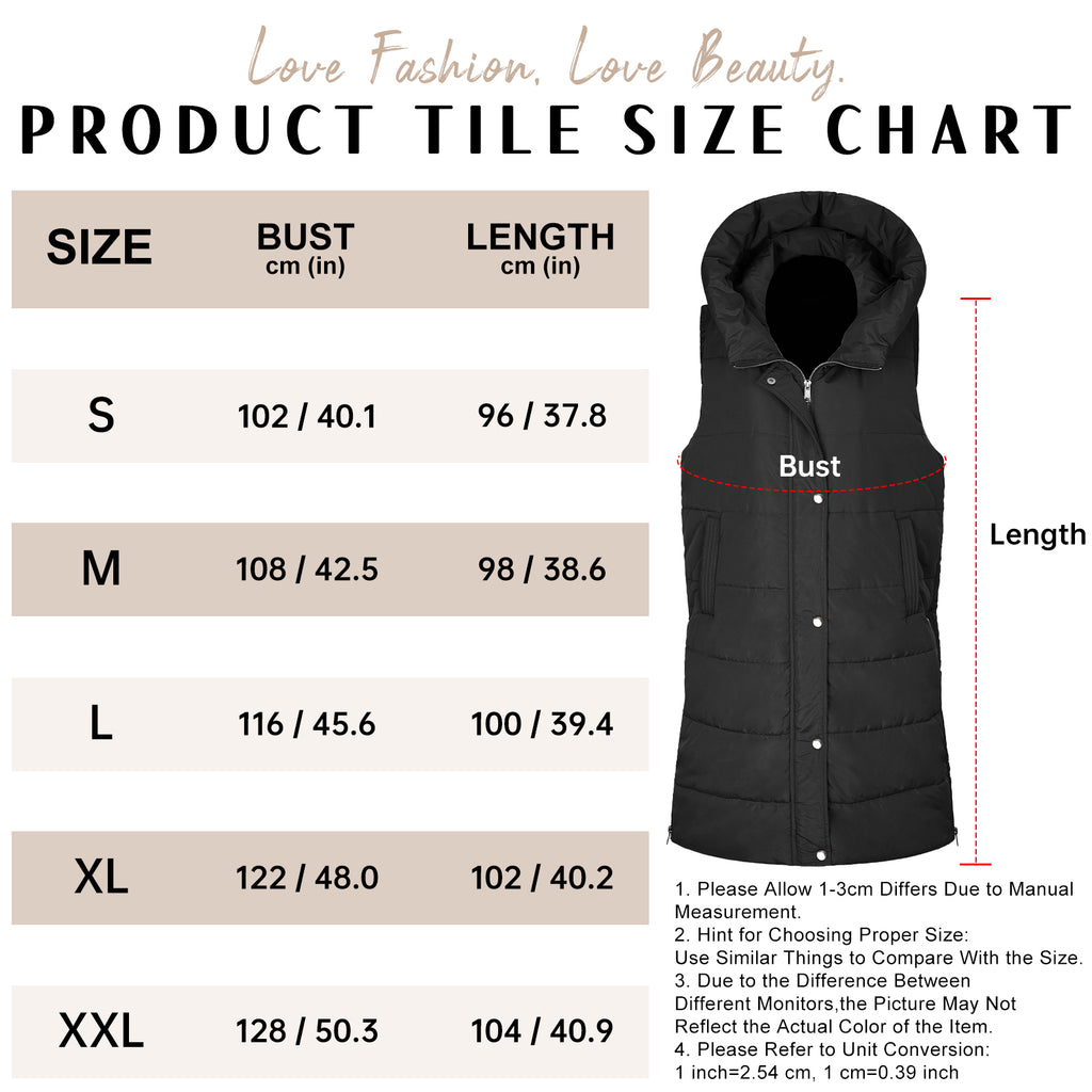 LVWQ Women's Long Puffer Vest Hooded Winter Coat Full Zip Quilted Sleeveless Jacket with Pockets, Stand Collar Warm Padded Outerwear