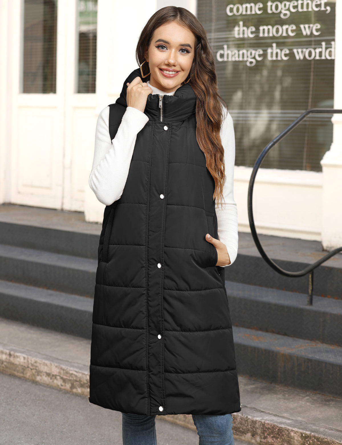 LVWQ Women's Long Puffer Vest Hooded Winter Coat Full Zip Quilted Sleeveless Jacket with Pockets, Stand Collar Warm Padded Outerwear
