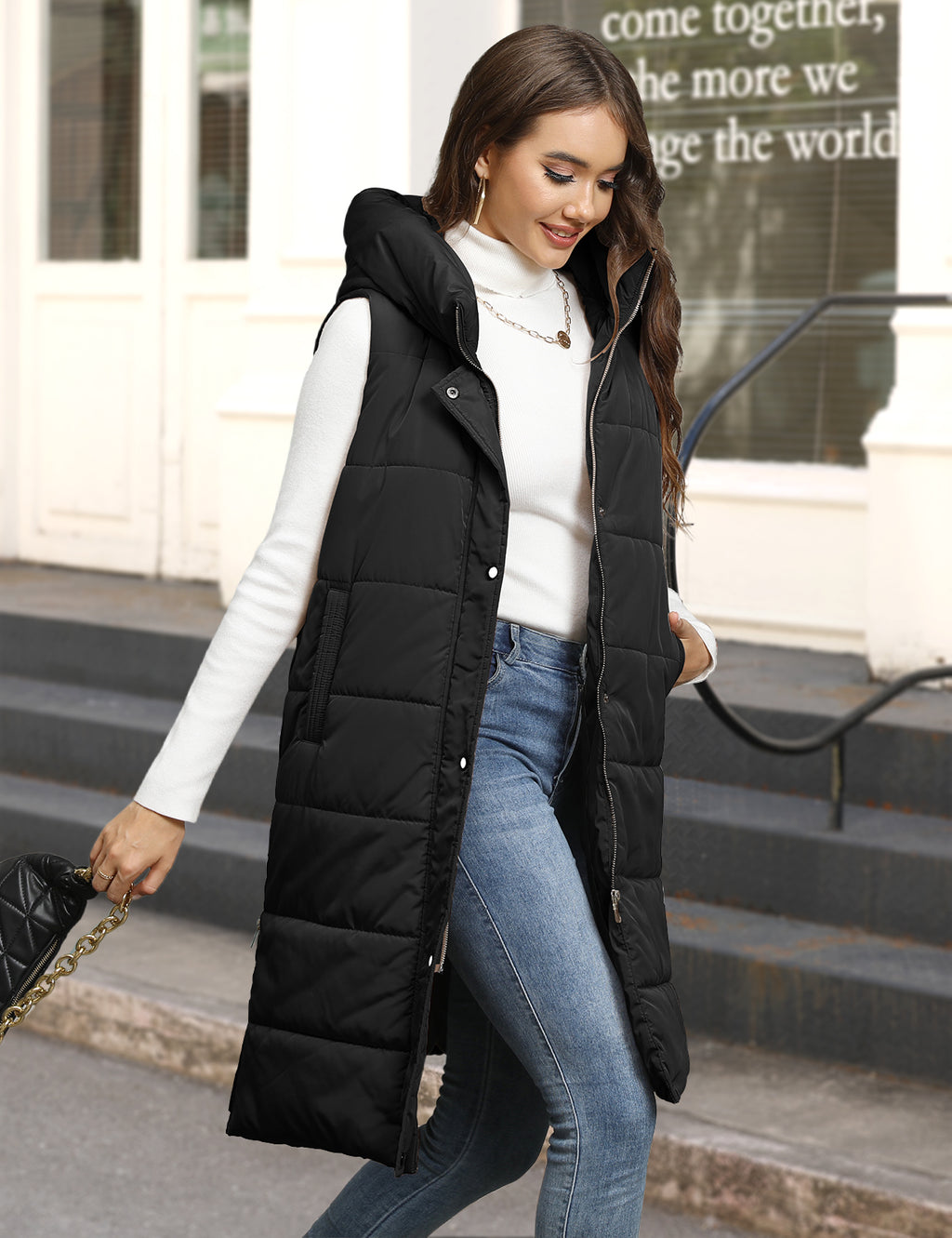 LVWQ Women's Long Puffer Vest Hooded Winter Coat Full Zip Quilted Sleeveless Jacket with Pockets, Stand Collar Warm Padded Outerwear
