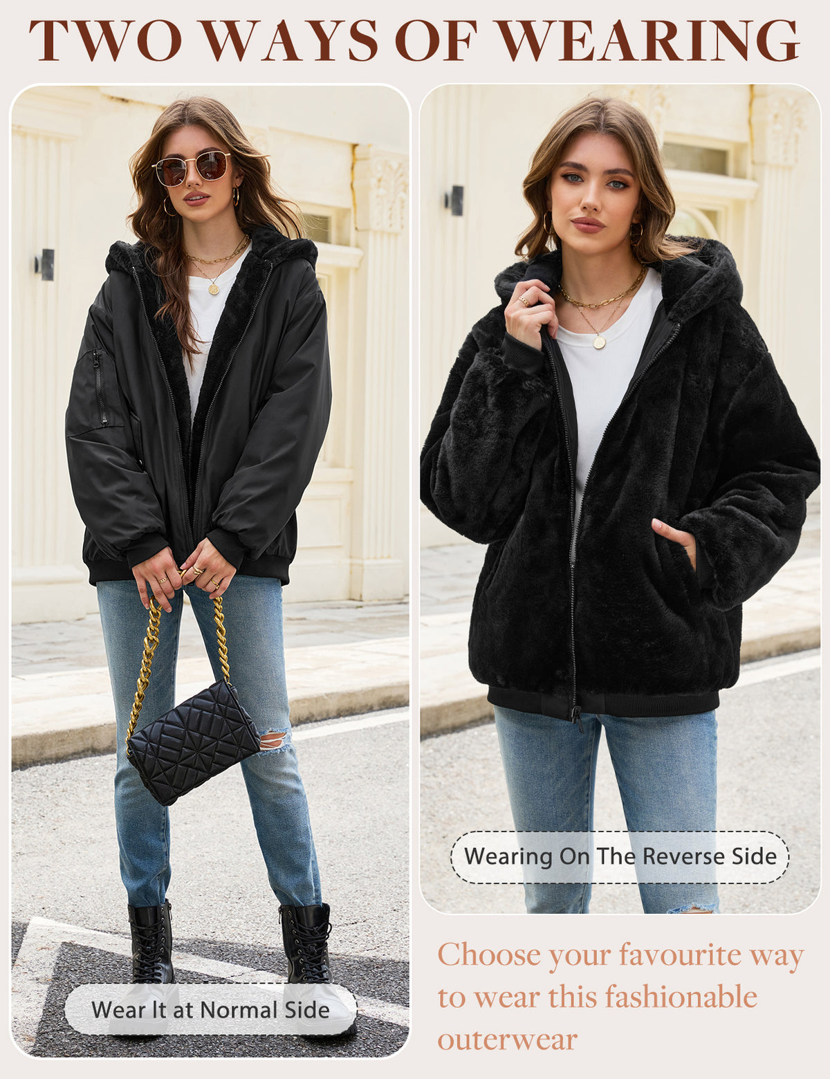 LVWQ Women's Reversible Winter Coat Fleece Lined Hooded Jacket Warm Zip Up Jacket with Pockets Casual Outerwear