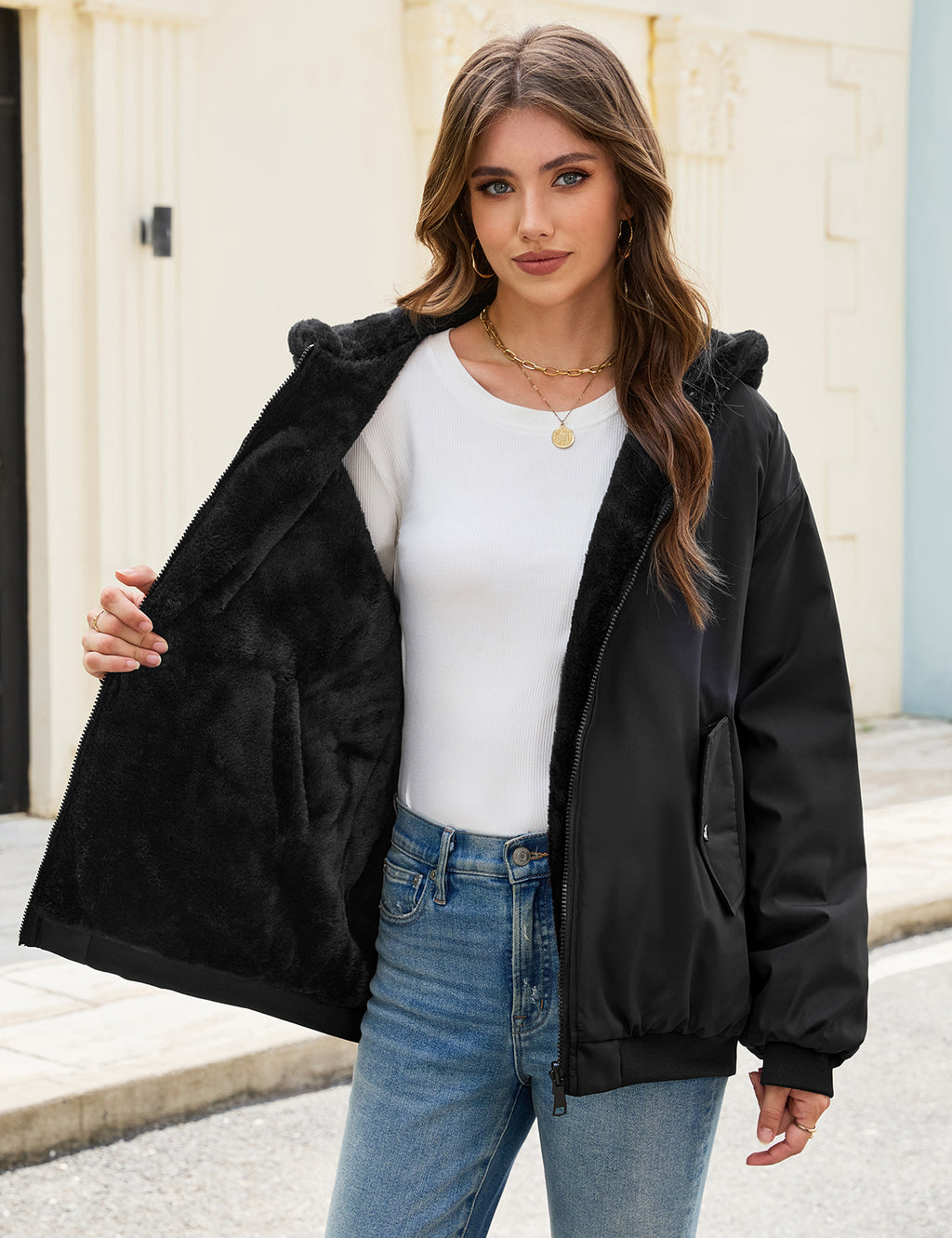 LVWQ Women's Reversible Winter Coat Fleece Lined Hooded Jacket Warm Zip Up Jacket with Pockets Casual Outerwear