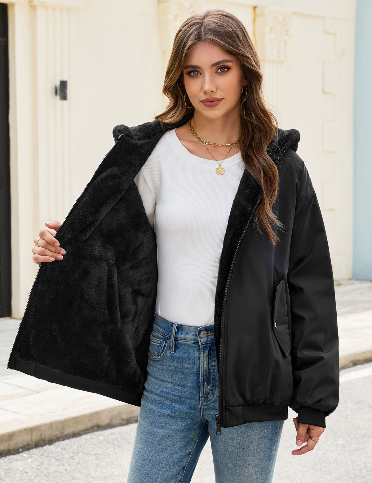 LVWQ Women's Reversible Winter Coat Fleece Lined Hooded Jacket Warm Zip Up Jacket with Pockets Casual Outerwear