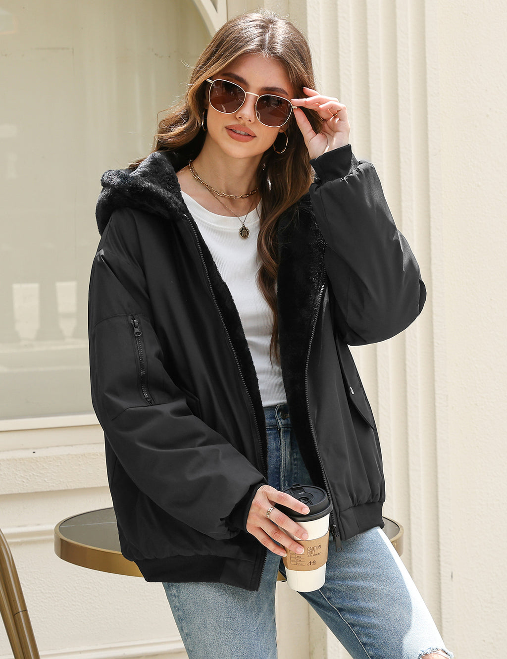 LVWQ Women's Reversible Winter Coat Fleece Lined Hooded Jacket Warm Zip Up Jacket with Pockets Casual Outerwear