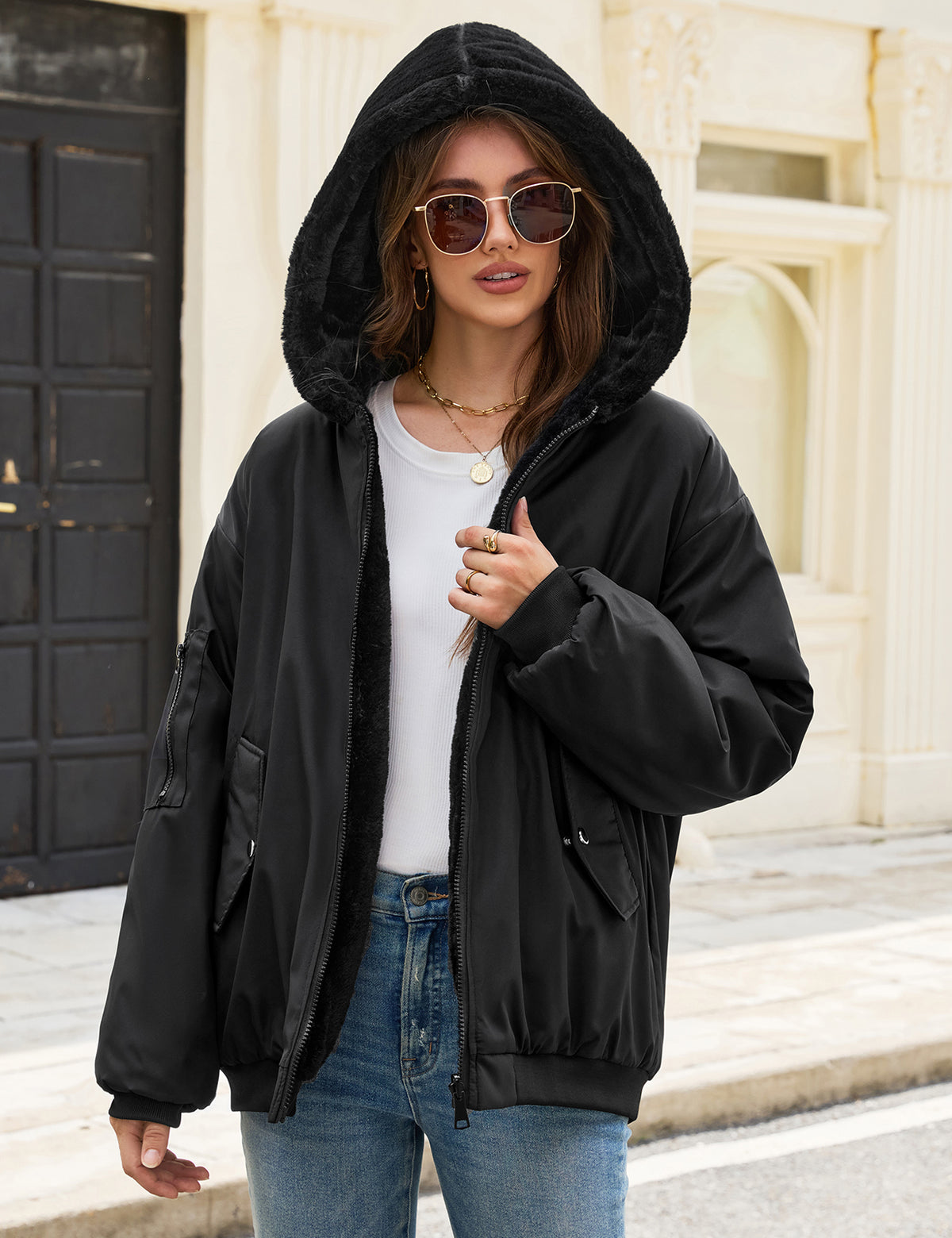 LVWQ Women's Reversible Winter Coat Fleece Lined Hooded Jacket Warm Zip Up Jacket with Pockets Casual Outerwear