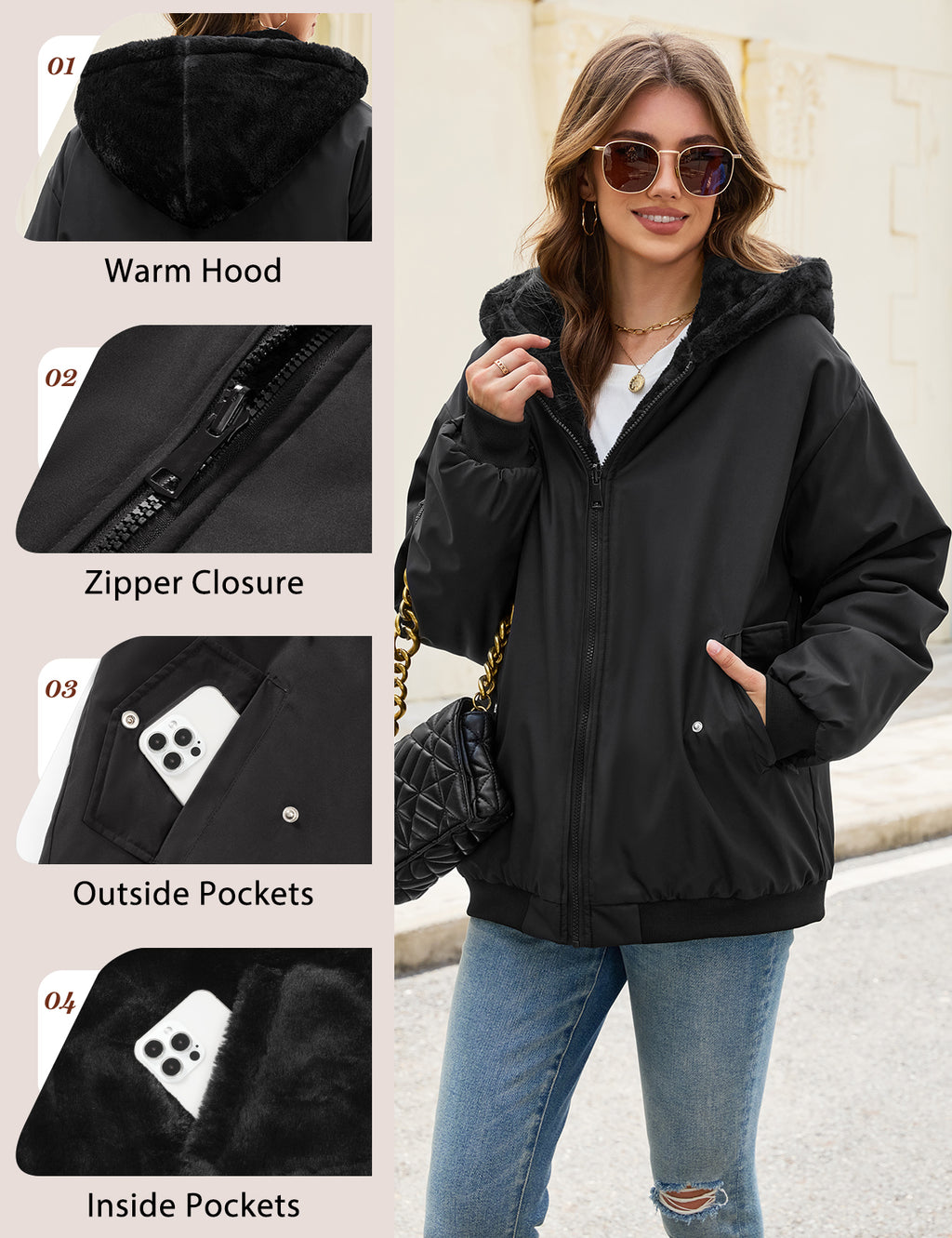 LVWQ Women's Reversible Winter Coat Fleece Lined Hooded Jacket Warm Zip Up Jacket with Pockets Casual Outerwear