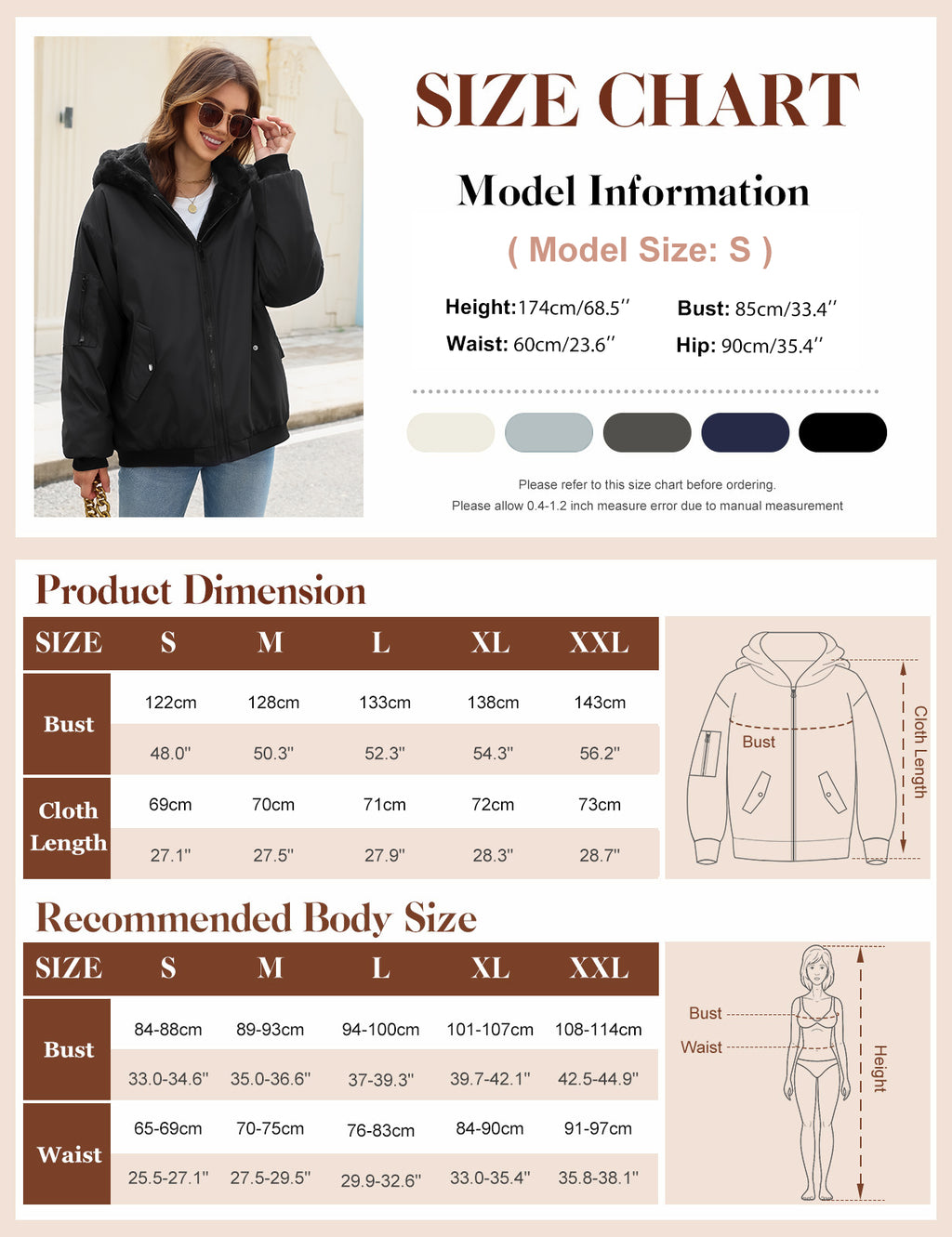 LVWQ Women's Reversible Winter Coat Fleece Lined Hooded Jacket Warm Zip Up Jacket with Pockets Casual Outerwear