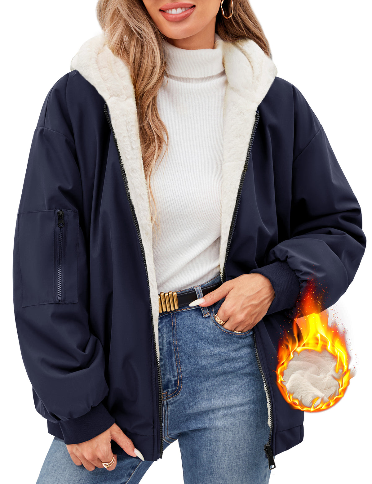 LVWQ Women's Reversible Winter Coat Fleece Lined Hooded Jacket Warm Zip Up Jacket with Pockets Casual Outerwear
