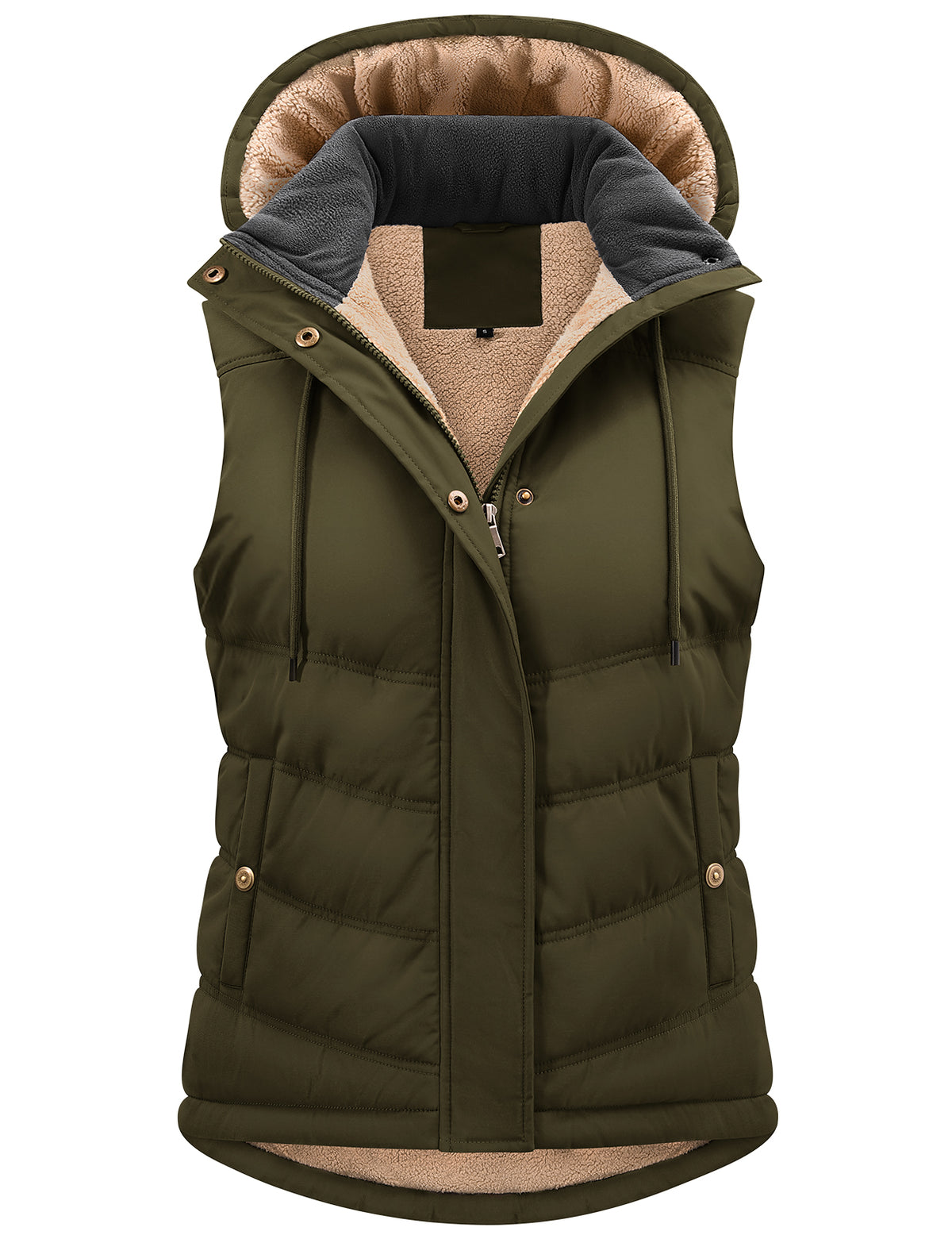LVWQ Women's Sherpa Fleece Lined Quilted Vest with Detachable Hood and Adjustable Waist