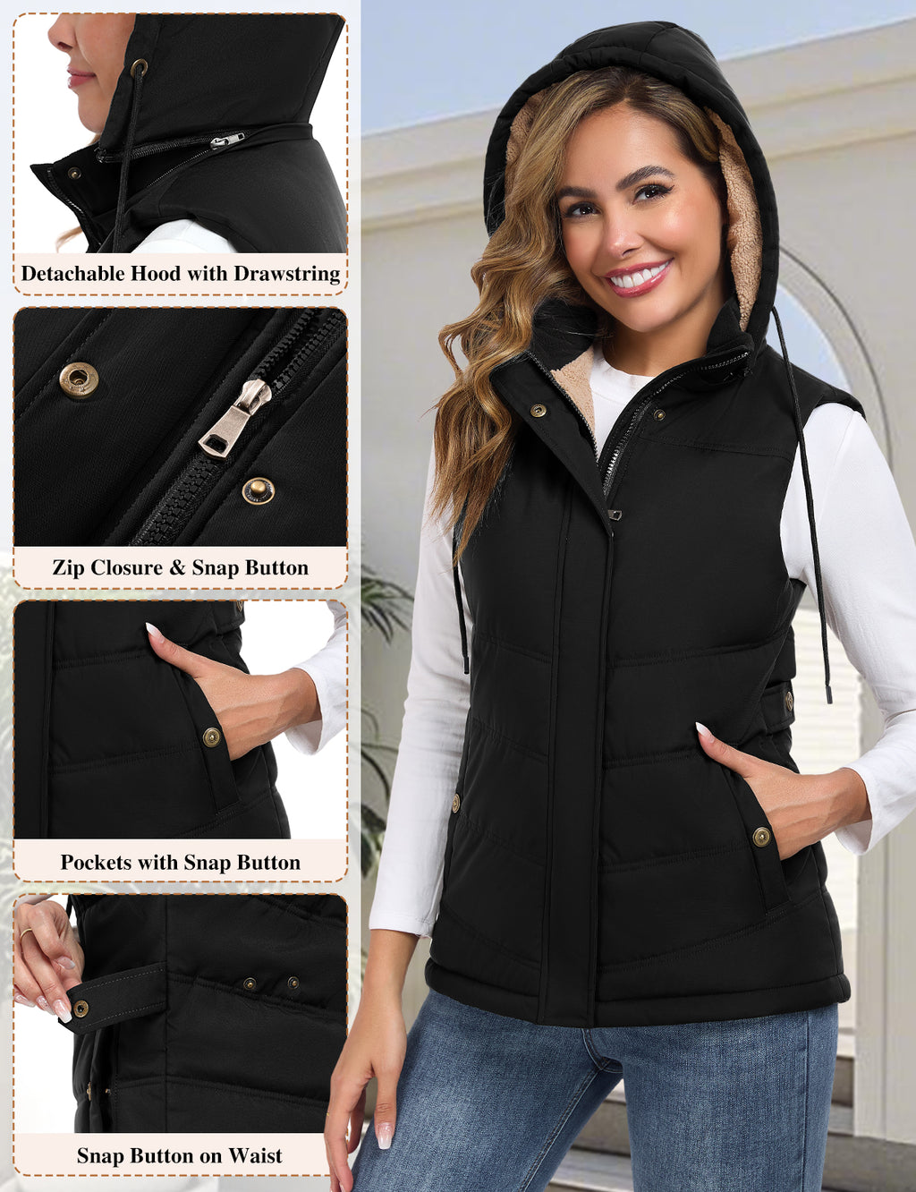 LVWQ Women's Sherpa Fleece Lined Quilted Vest with Detachable Hood and Adjustable Waist
