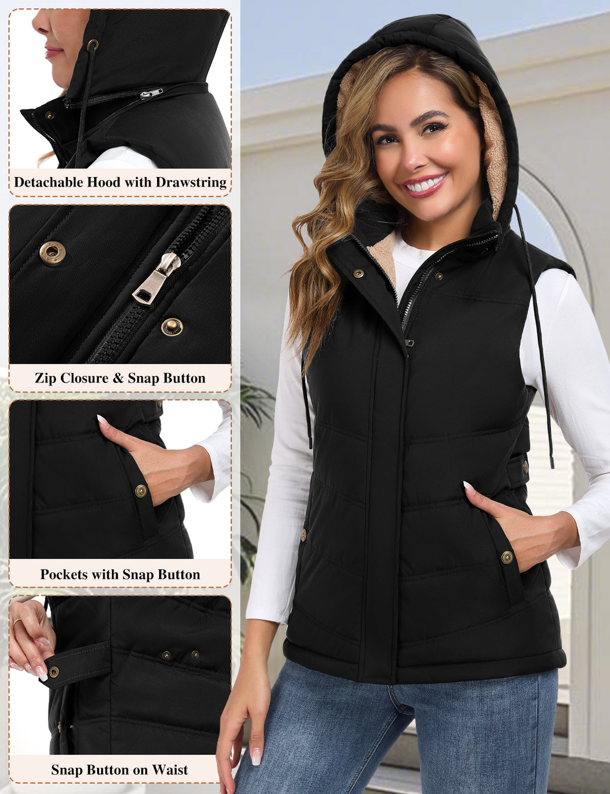 LVWQ Women's Sherpa Fleece Lined Quilted Vest with Detachable Hood and Adjustable Waist