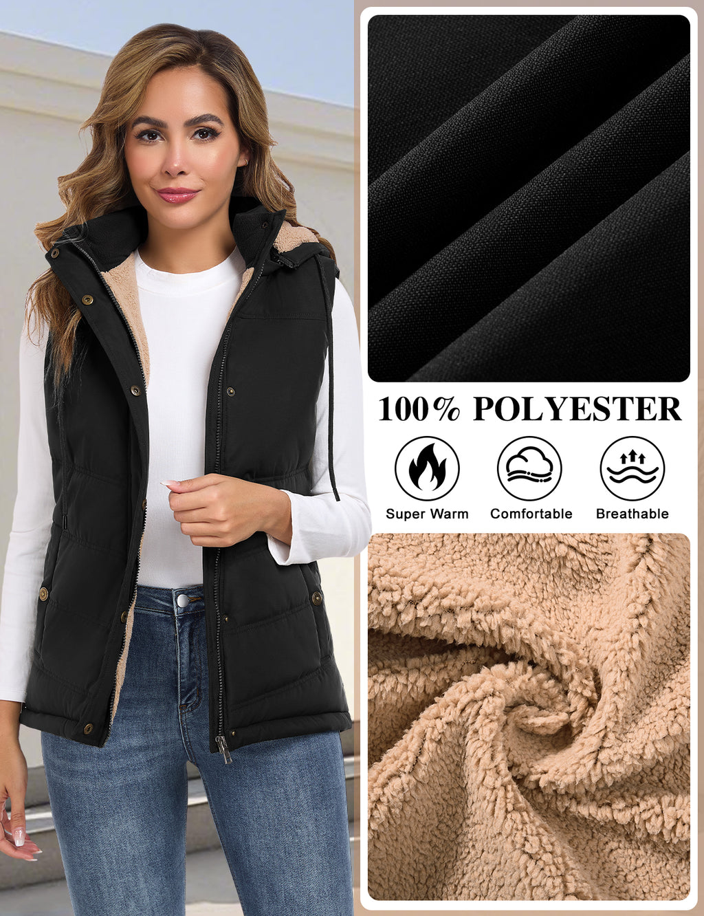 LVWQ Women's Sherpa Fleece Lined Quilted Vest with Detachable Hood and Adjustable Waist
