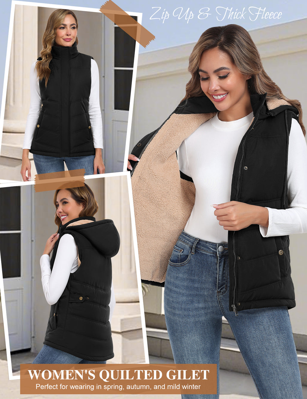 LVWQ Women's Sherpa Fleece Lined Quilted Vest with Detachable Hood and Adjustable Waist