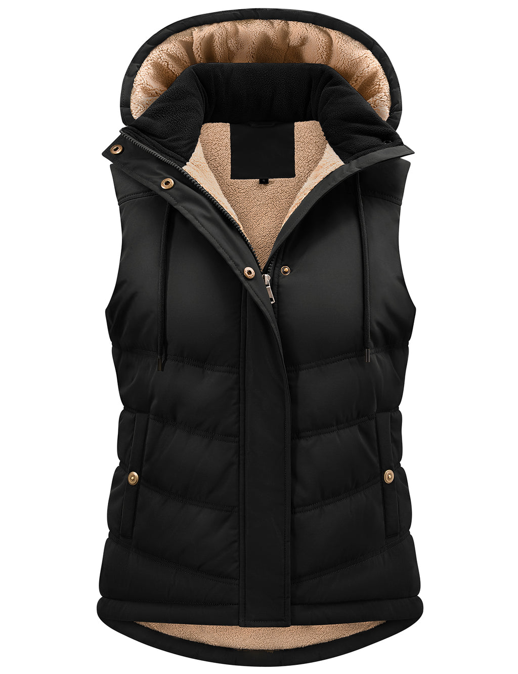 LVWQ Women's Sherpa Fleece Lined Quilted Vest with Detachable Hood and Adjustable Waist