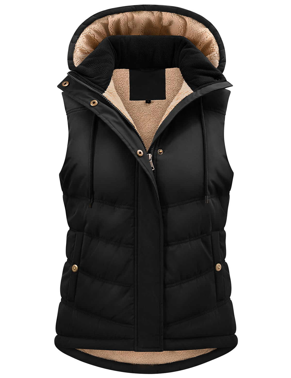 LVWQ Women's Sherpa Fleece Lined Quilted Vest with Detachable Hood and Adjustable Waist