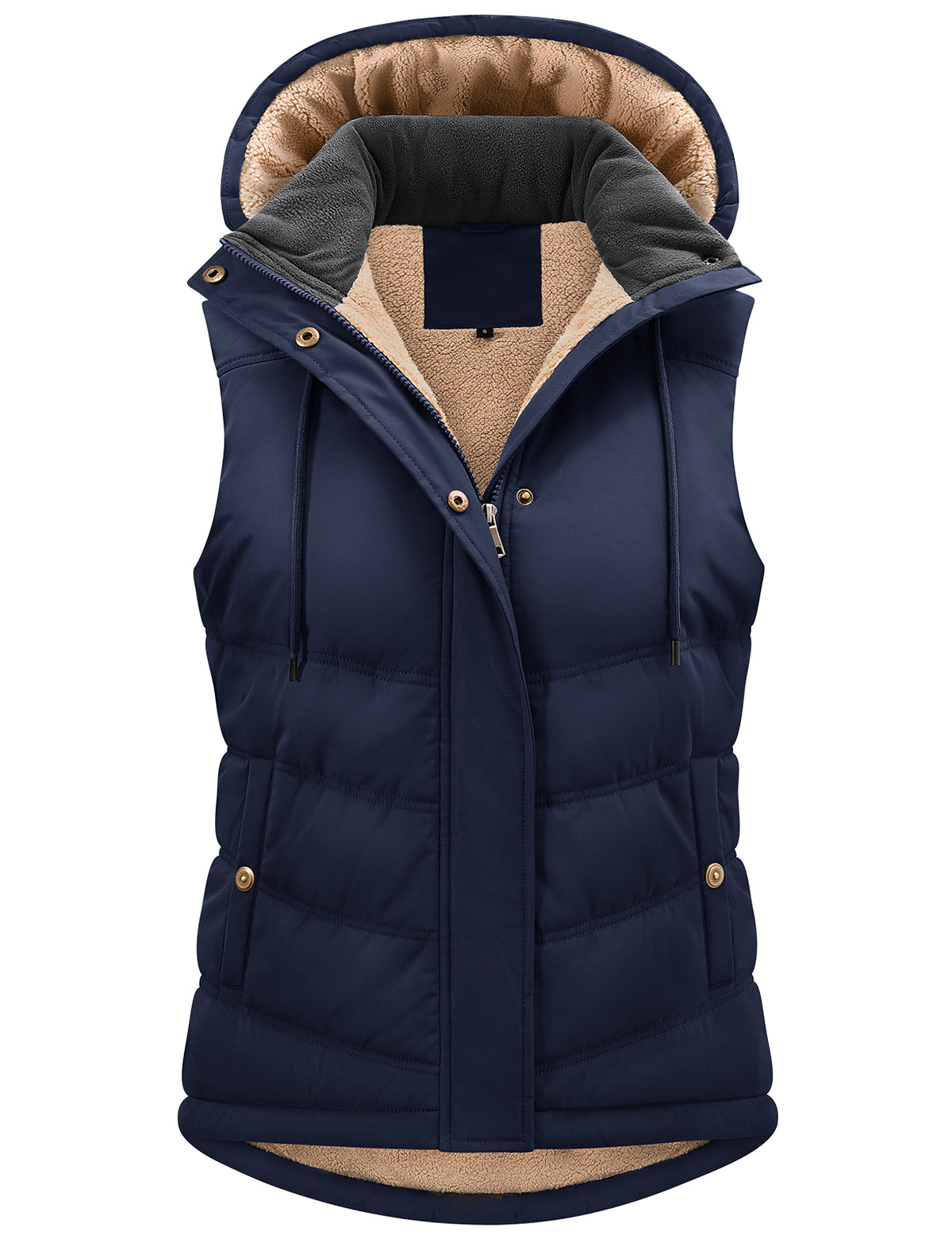 LVWQ Women's Sherpa Fleece Lined Quilted Vest with Detachable Hood and Adjustable Waist