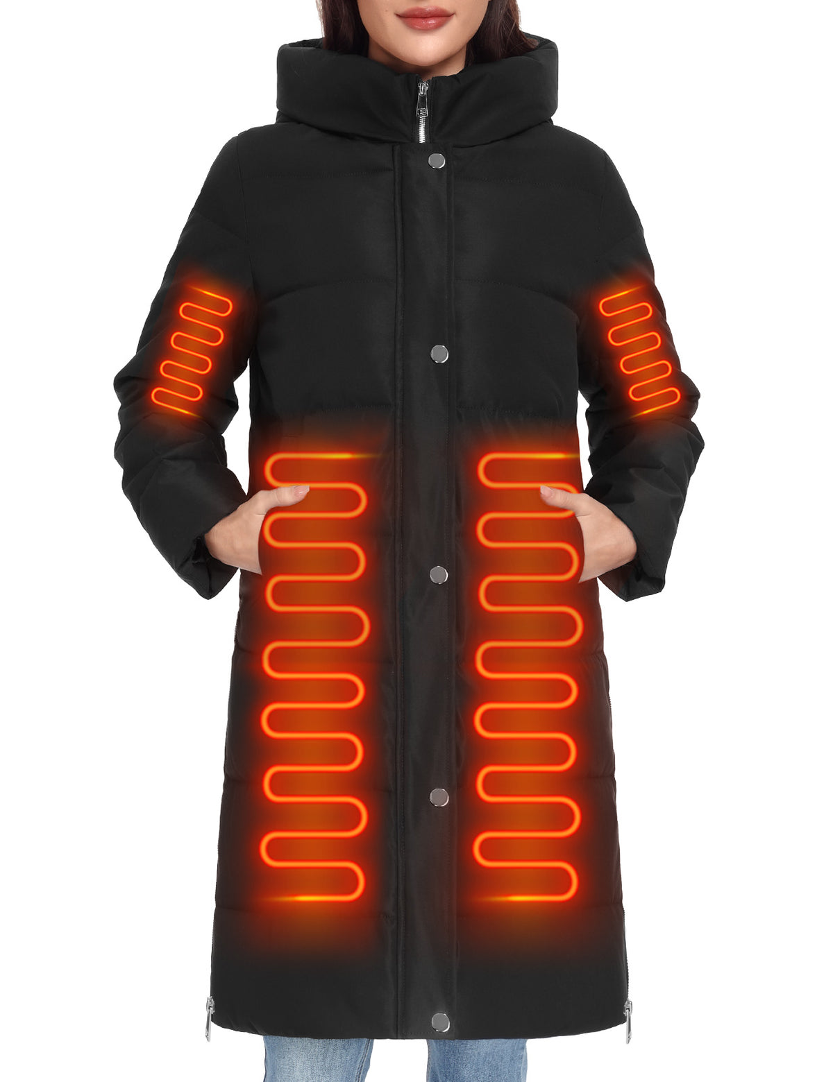 LVWQ Women's Long Heated Down Jacket with Hood, 8 Heating Zones Water-Repellent Winter Coat