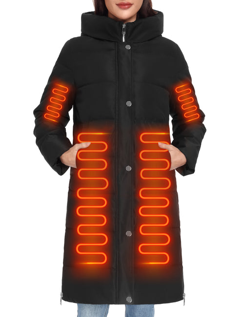 LVWQ Women's Long Heated Down Jacket with Hood, 8 Heating Zones Water-Repellent Winter Coat