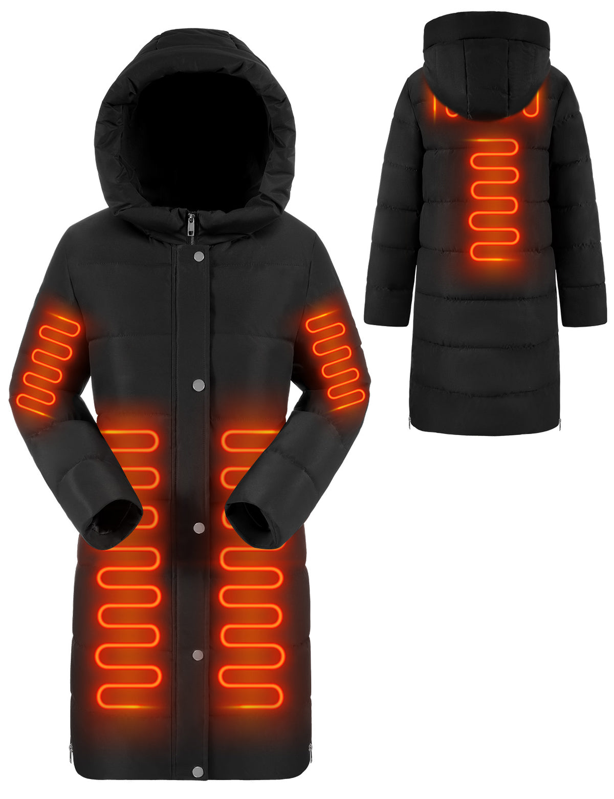 LVWQ Women's Long Heated Down Jacket with Hood, 8 Heating Zones Water-Repellent Winter Coat