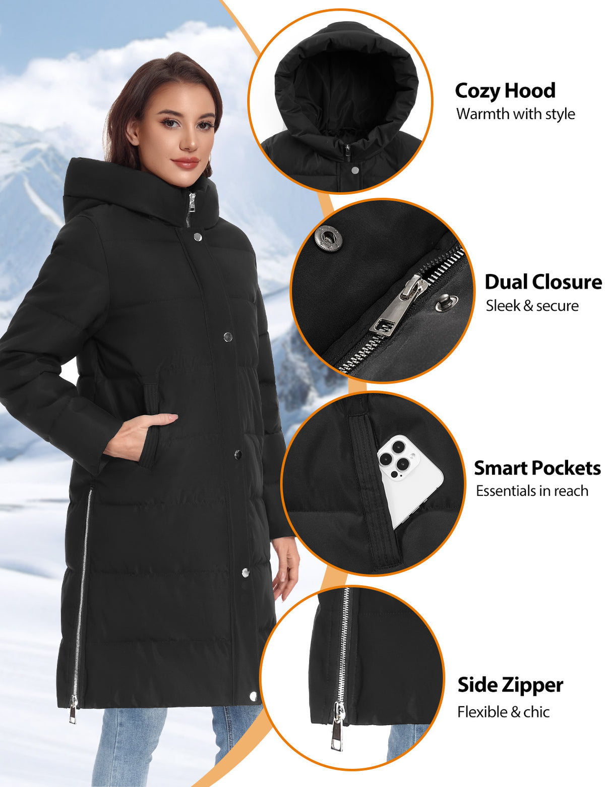 LVWQ Women's Long Heated Down Jacket with Hood, 8 Heating Zones Water-Repellent Winter Coat