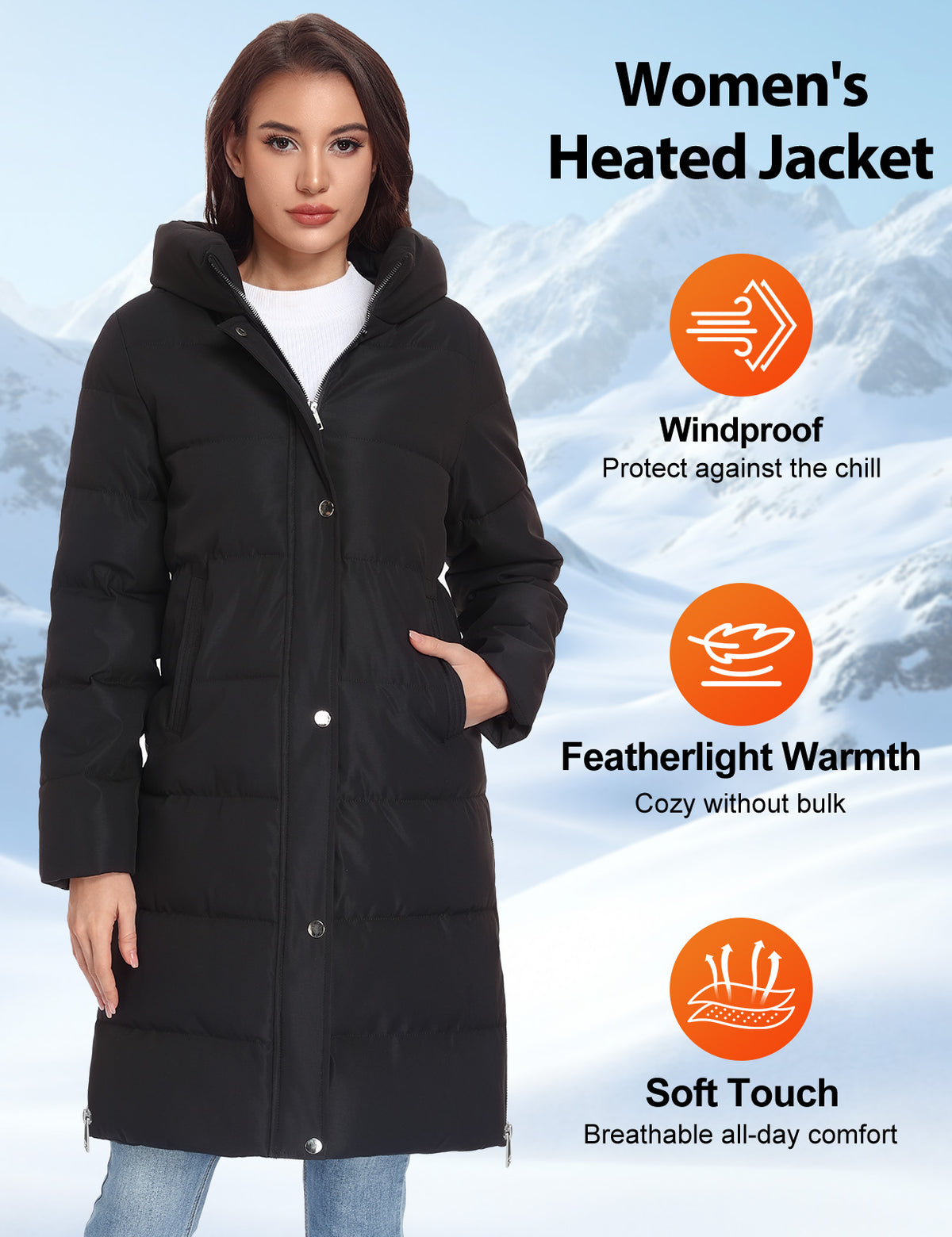 LVWQ Women's Long Heated Down Jacket with Hood, 8 Heating Zones Water-Repellent Winter Coat