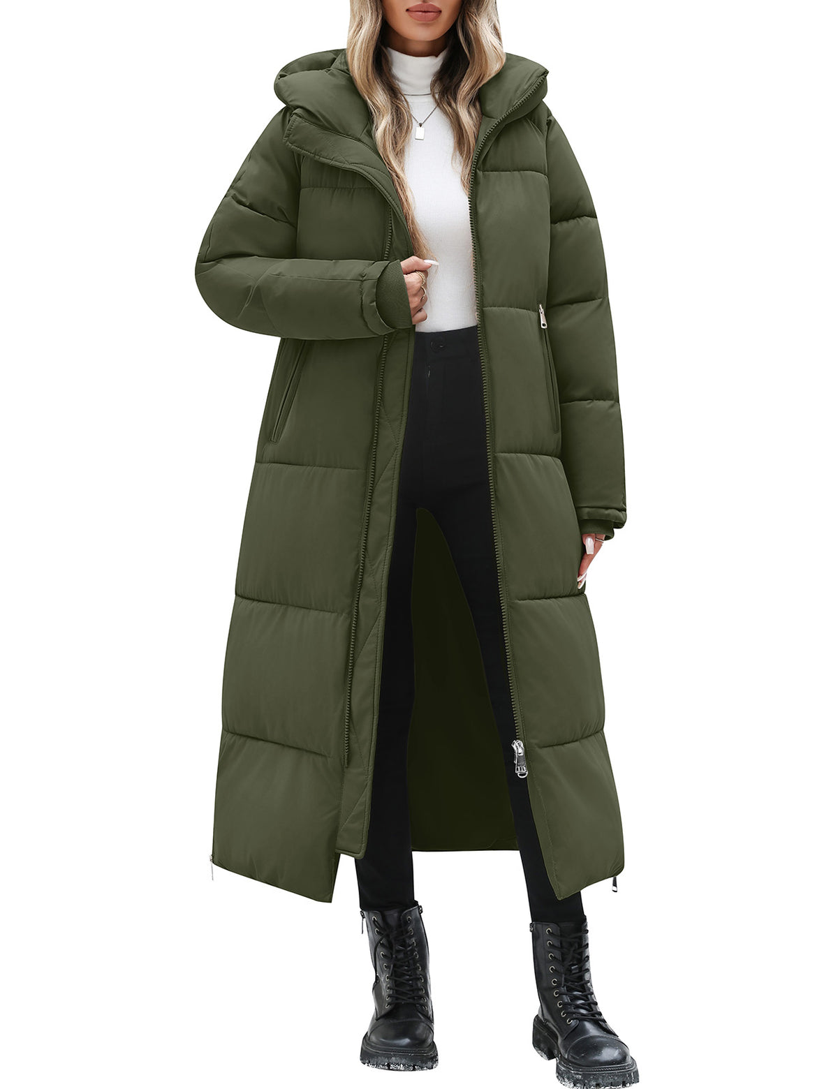 LVWQ Women's Long Puffer Coat with Side Zipper Slits & Two-Way Zip, Hooded Quilted Winter Parka