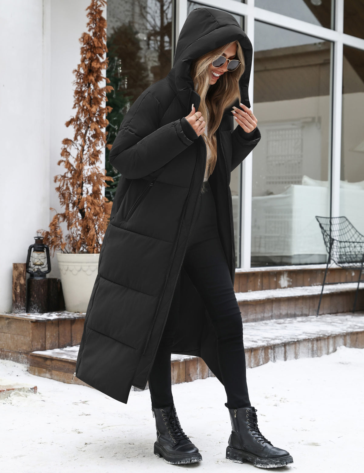 LVWQ Women's Long Puffer Coat with Side Zipper Slits & Two-Way Zip, Hooded Quilted Winter Parka