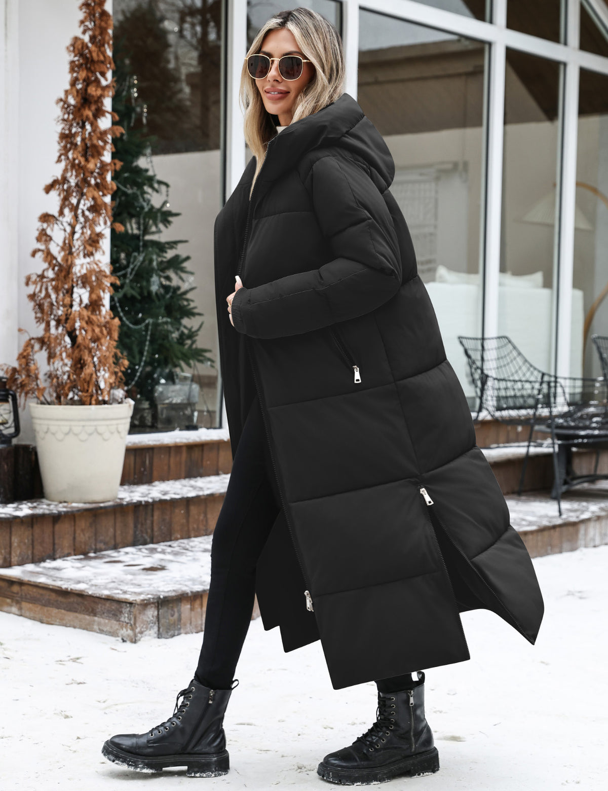 LVWQ Women's Long Puffer Coat with Side Zipper Slits & Two-Way Zip, Hooded Quilted Winter Parka