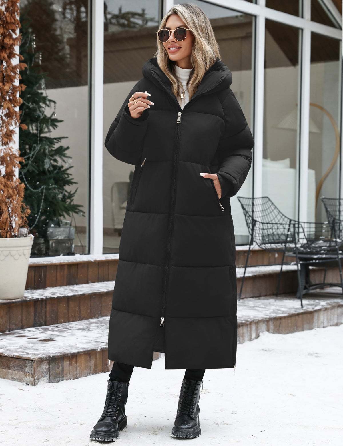 LVWQ Women's Long Puffer Coat with Side Zipper Slits & Two-Way Zip, Hooded Quilted Winter Parka
