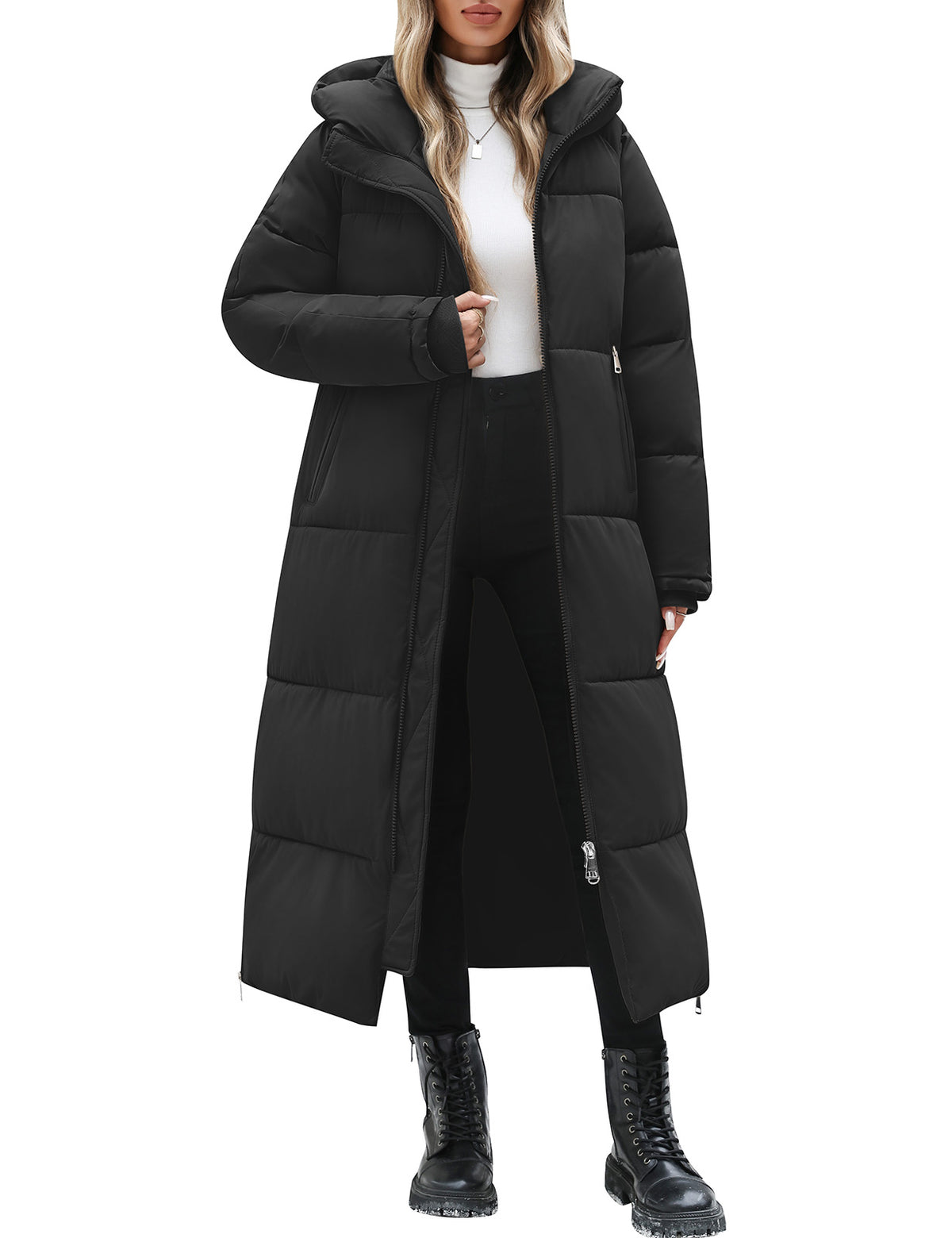 LVWQ Women's Long Puffer Coat with Side Zipper Slits & Two-Way Zip, Hooded Quilted Winter Parka