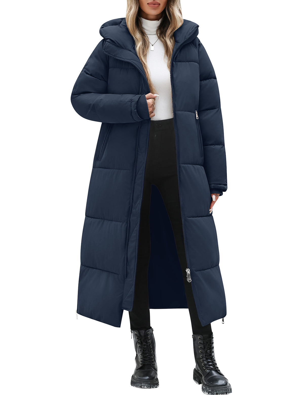 LVWQ Women's Long Puffer Coat with Side Zipper Slits & Two-Way Zip, Hooded Quilted Winter Parka