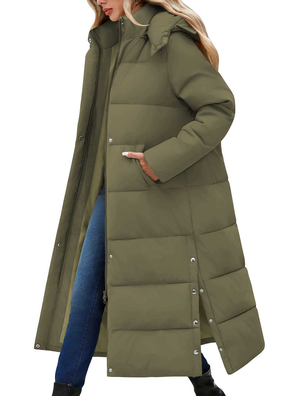 LVWQ Women's Long Puffer Coat Winter Maxi Quilted Padded Parka with Removable Hood Warm Hooded Jacket