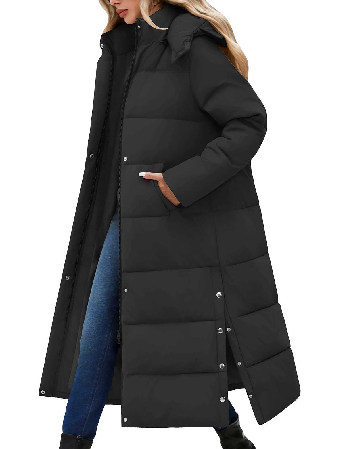 LVWQ Women's Long Puffer Coat Winter Maxi Quilted Padded Parka with Removable Hood Warm Hooded Jacket