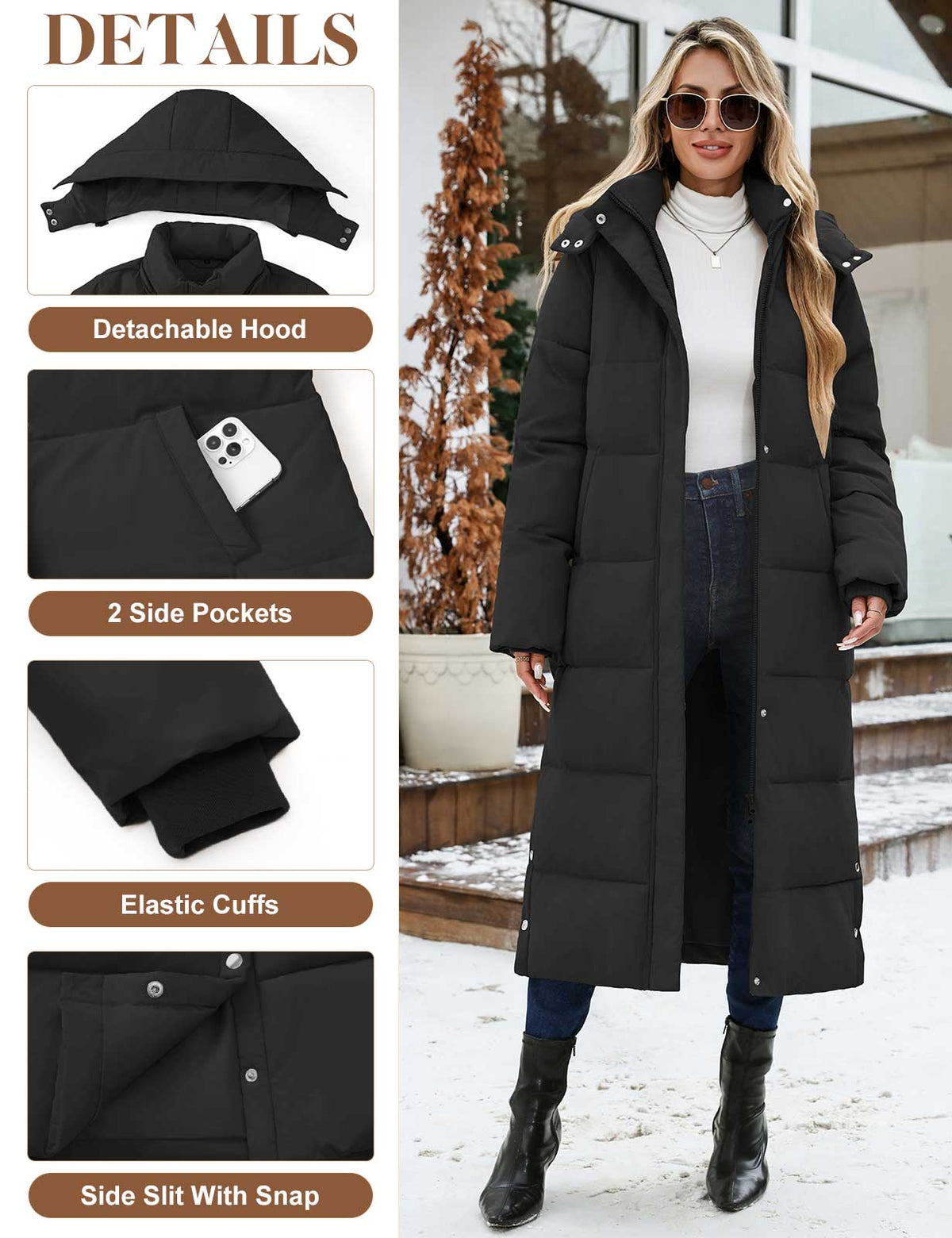 LVWQ Women's Long Puffer Coat Winter Maxi Quilted Padded Parka with Removable Hood Warm Hooded Jacket