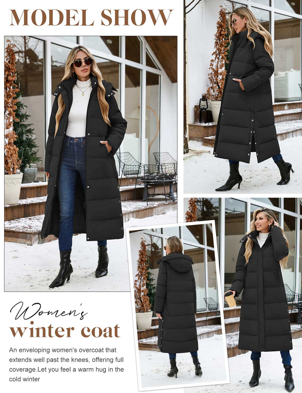 LVWQ Women's Long Puffer Coat Winter Maxi Quilted Padded Parka with Removable Hood Warm Hooded Jacket