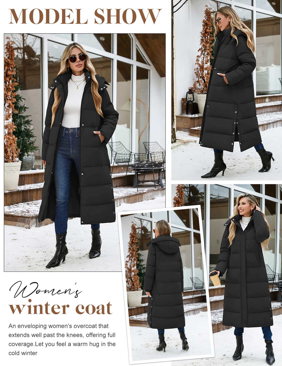 LVWQ Women's Long Puffer Coat Winter Maxi Quilted Padded Parka with Removable Hood Warm Hooded Jacket