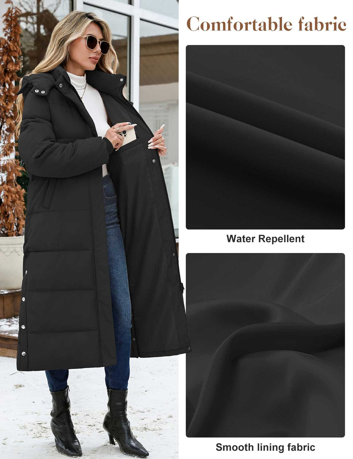 LVWQ Women's Long Puffer Coat Winter Maxi Quilted Padded Parka with Removable Hood Warm Hooded Jacket