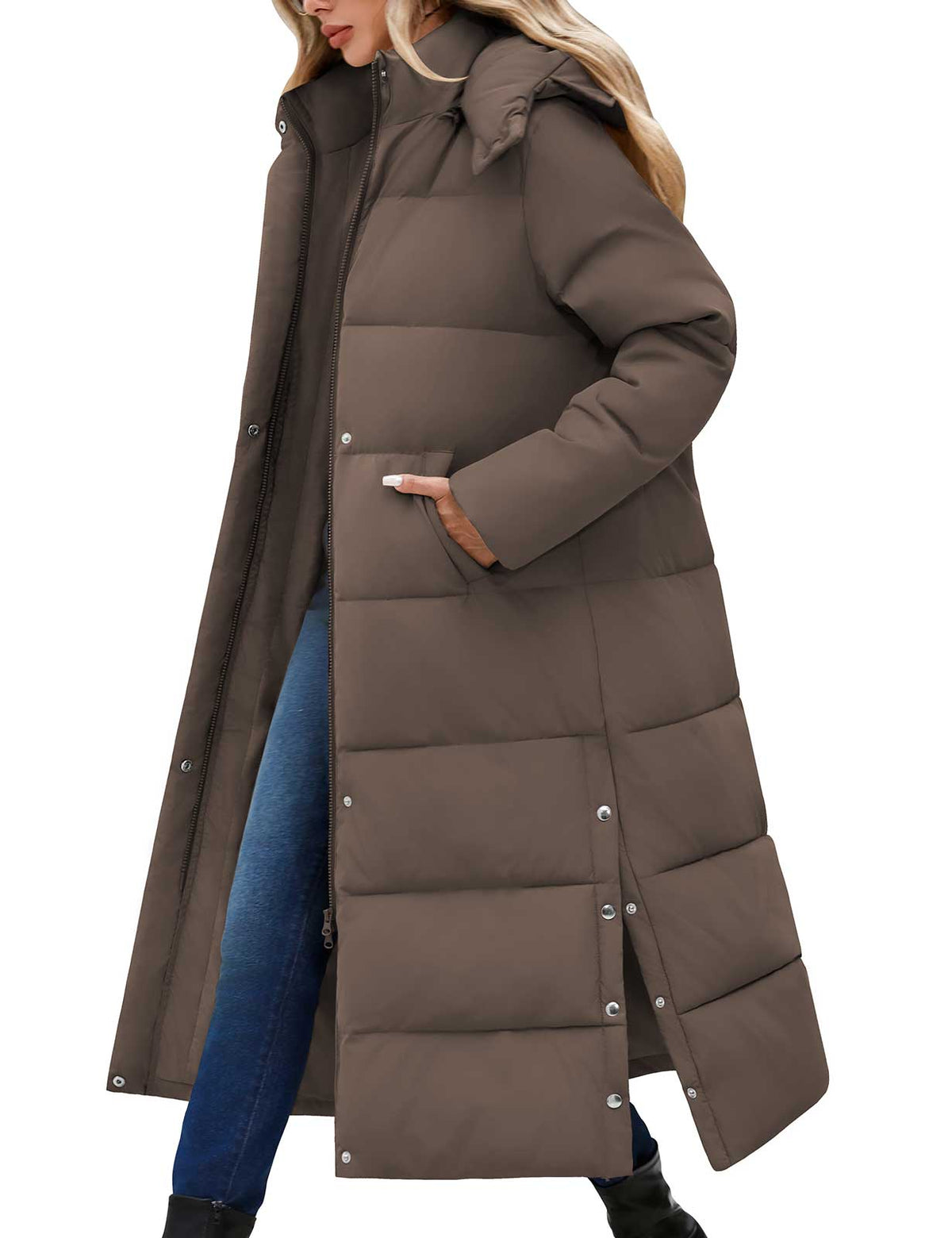 LVWQ Women's Long Puffer Coat Winter Maxi Quilted Padded Parka with Removable Hood Warm Hooded Jacket