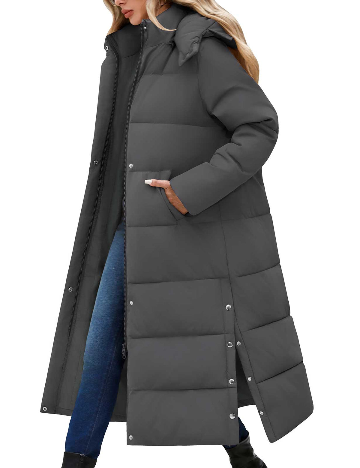 LVWQ Women's Long Puffer Coat Winter Maxi Quilted Padded Parka with Removable Hood Warm Hooded Jacket