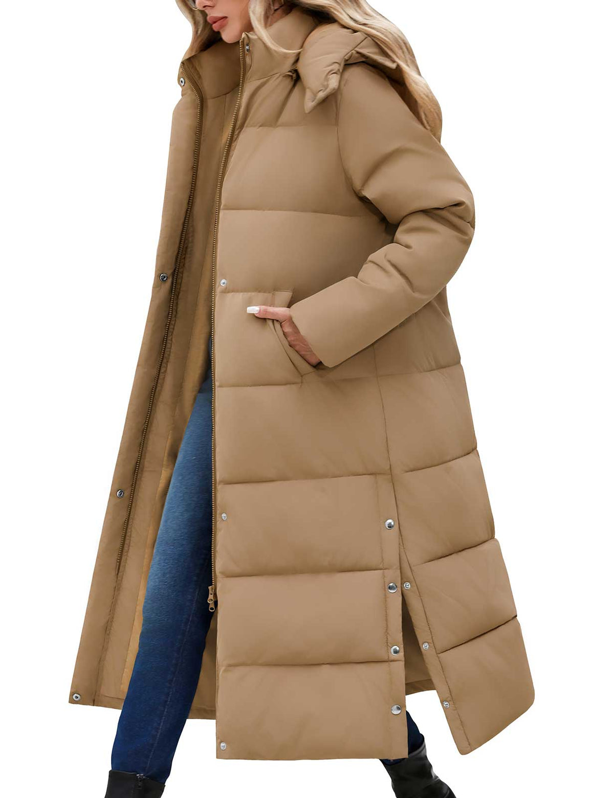 LVWQ Women's Long Puffer Coat Winter Maxi Quilted Padded Parka with Removable Hood Warm Hooded Jacket