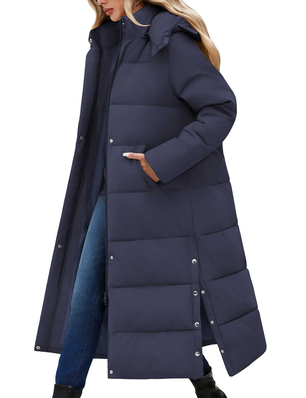LVWQ Women's Long Puffer Coat Winter Maxi Quilted Padded Parka with Removable Hood Warm Hooded Jacket