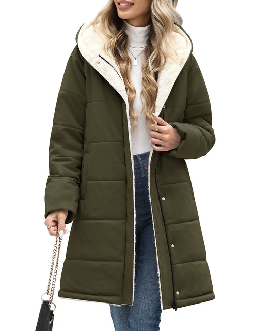LVWQ Women's Long Puffer Coat Hooded Sherpa Fleece Lined Winter Parka Warm Quilted Padded Jacket with
