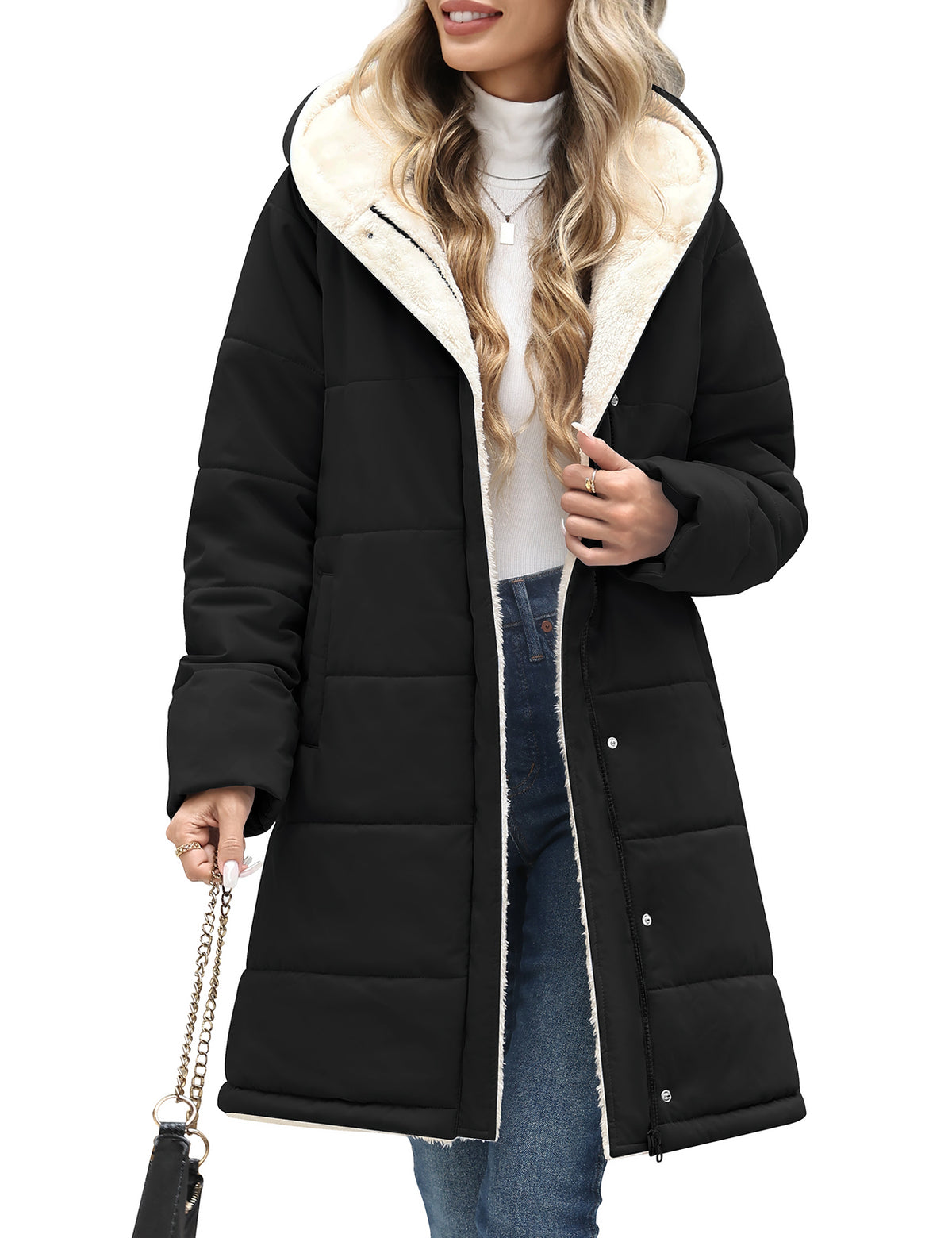 LVWQ Women's Long Puffer Coat Hooded Sherpa Fleece Lined Winter Parka Warm Quilted Padded Jacket with