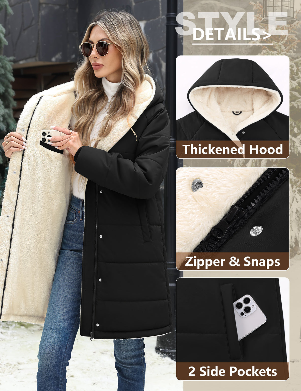 LVWQ Women's Long Puffer Coat Hooded Sherpa Fleece Lined Winter Parka Warm Quilted Padded Jacket with
