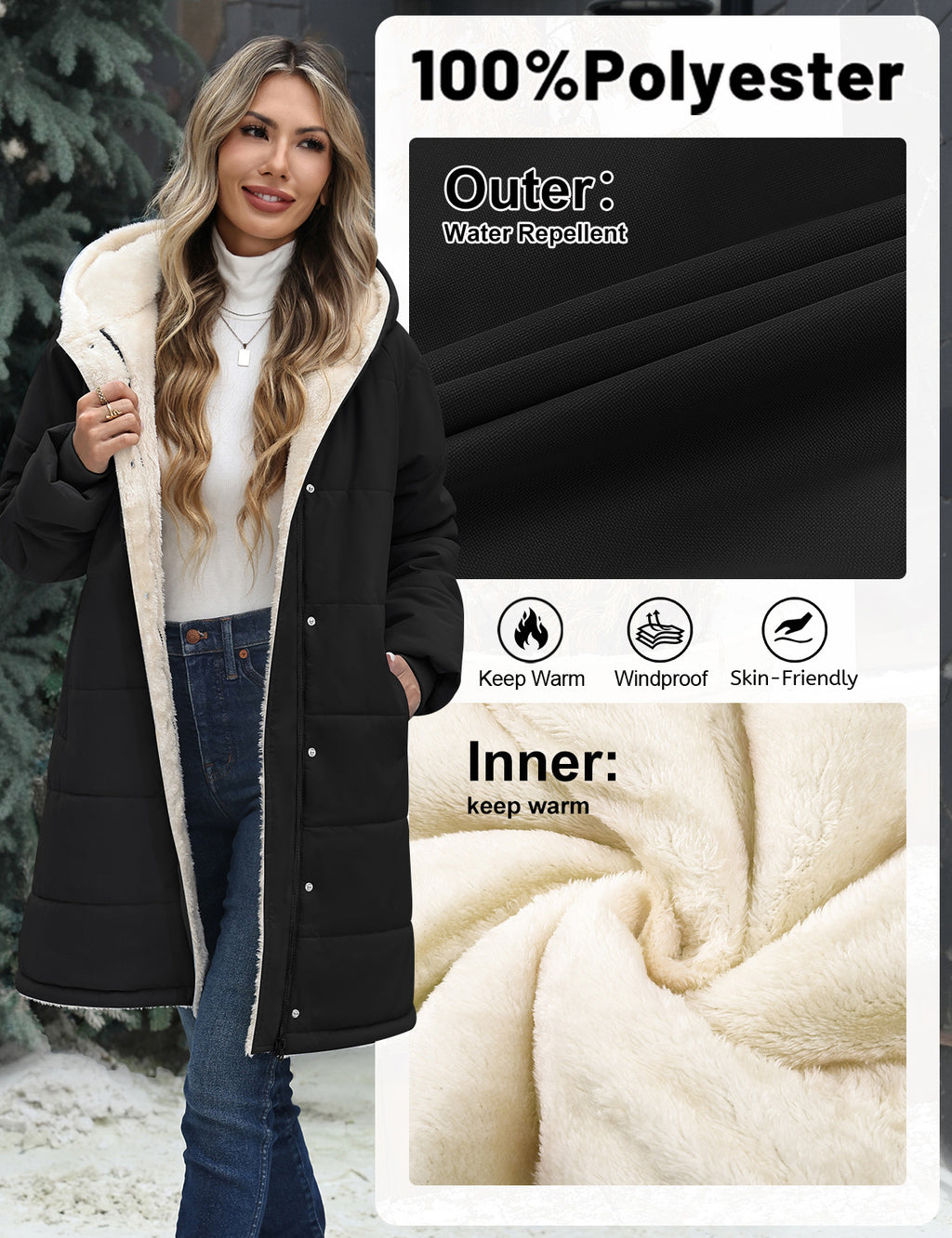 LVWQ Women's Long Puffer Coat Hooded Sherpa Fleece Lined Winter Parka Warm Quilted Padded Jacket with